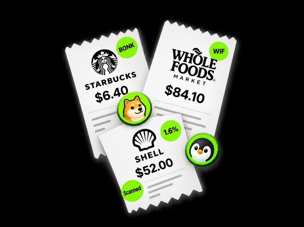 Starbucks, Whole Foods and Shell receipts with BONK, WIF, 1.6% and Scanned stickers